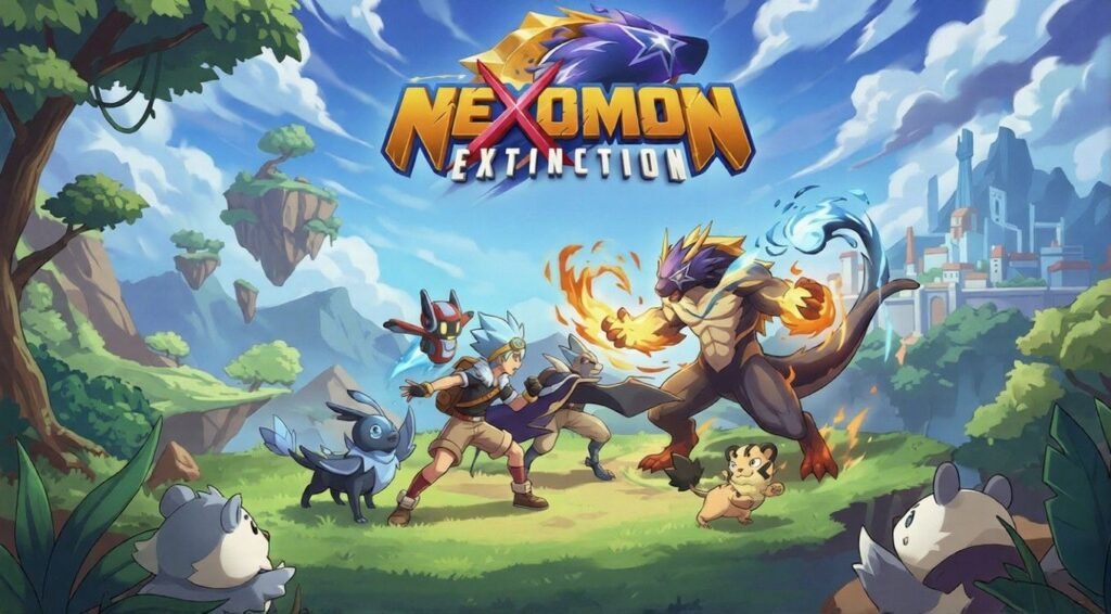 Nexomon: Extinction artwork shows a trainer facing a powerful monster.
Bright fantasy scenery and creatures suggest classic monster-catching adventure.