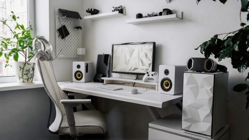 White gaming room with clean desk setup, speakers, and console.
Sunlit space features plants, shelves, and a plush white chair.