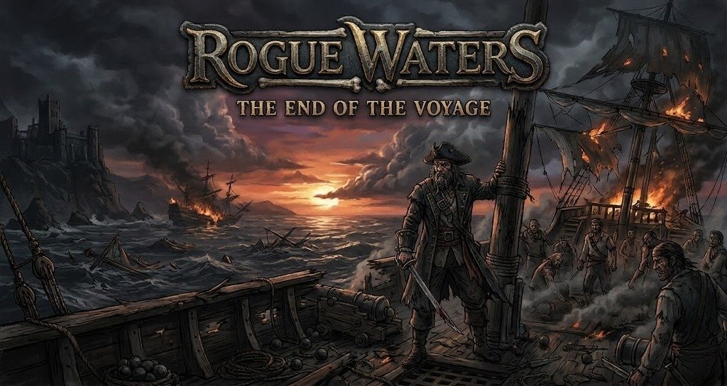 Artwork for Rogue Waters showing a pirate standing on a battered ship at sunset, with burning wrecks, weary crew, and a stormy sea capturing the closing mood of the voyage.