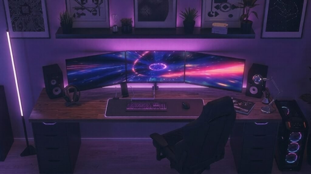 Dark gaming room with triple monitors and purple ambient lighting.
Galaxy-inspired screens create a cinematic, futuristic Star Wars mood.