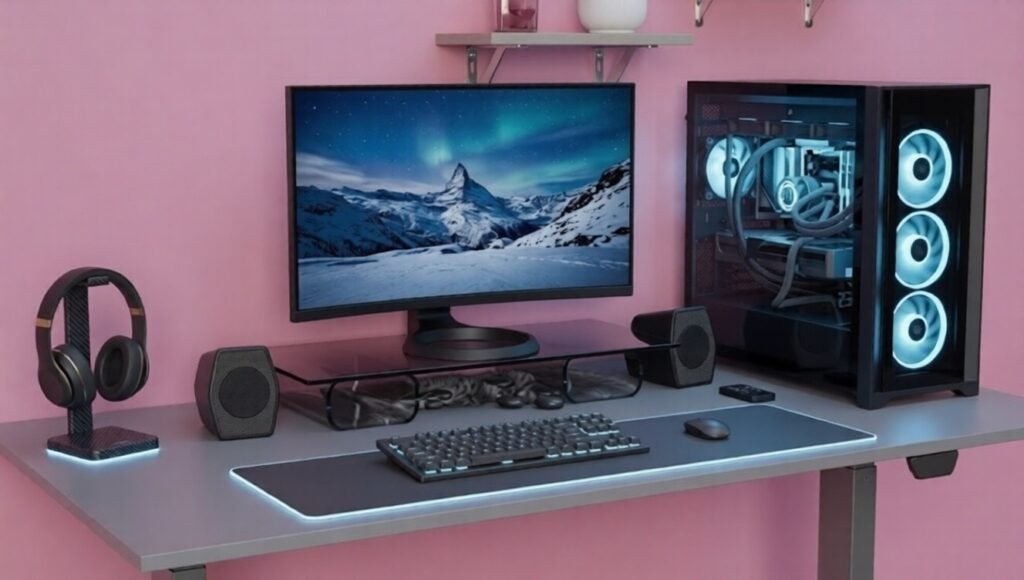 Pink gaming setup with sleek desk, glowing PC, and monitor.
Soft pastel walls create a cosy, polished, playful atmosphere.