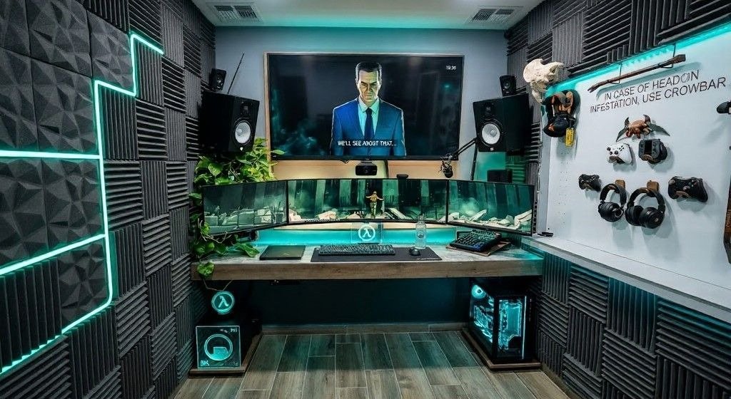 Gaming setup with wood desk, acoustic panels, plants, and teal lighting.
Natural elements soften the tech-heavy room and add visual warmth.