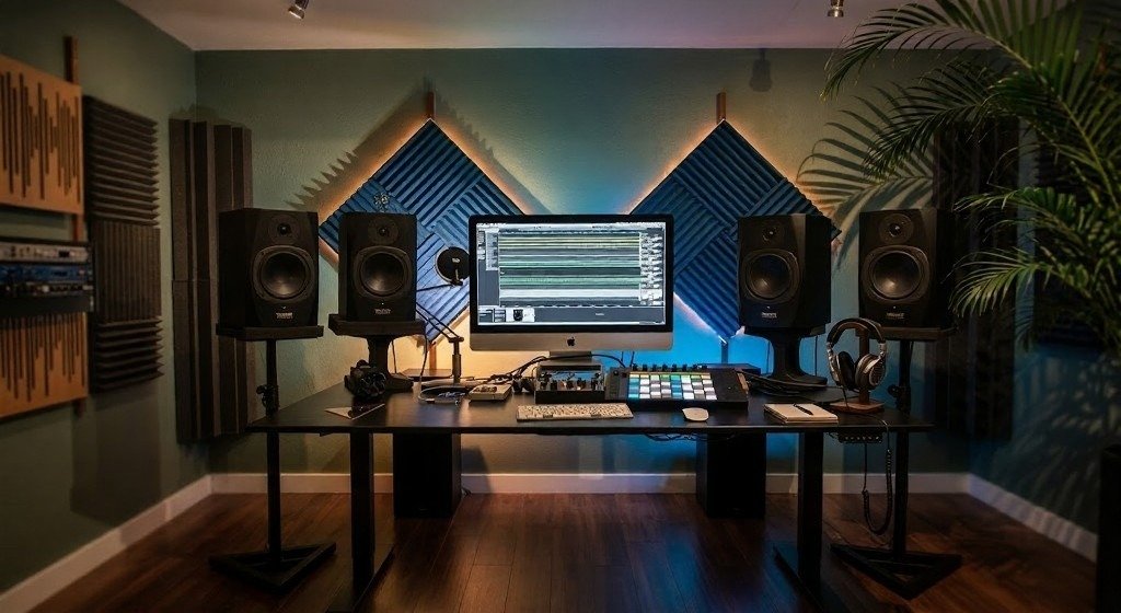 Gaming room with acoustic wall tiles, speakers, and central desk setup.
Textured panels create a modern focal point with added depth.