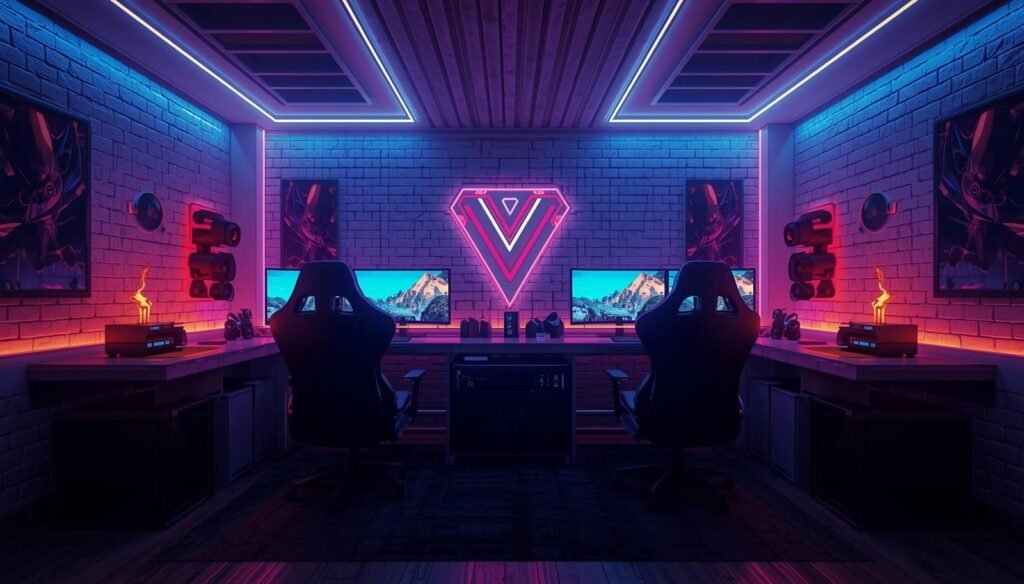 Dual gaming room with matching chairs, desks, monitors, and neon lighting.
Symmetrical layout creates a sleek, social, futuristic shared setup.