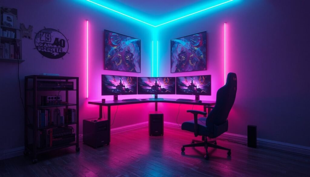 Corner gaming setup with neon pink and blue lighting accents.
L-shaped desk and triple monitors create an immersive, compact layout.