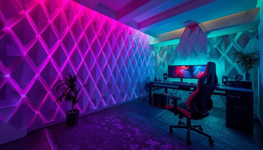 Gaming room with Nanoleaf-style wall panels glowing pink and blue.
Dual monitors and neon lighting create a futuristic, custom feel.