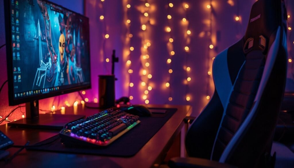 Gaming setup with monitor, RGB keyboard, chair, and warm fairy lights.
Soft string lights create a cosy, dreamy backdrop behind the desk.