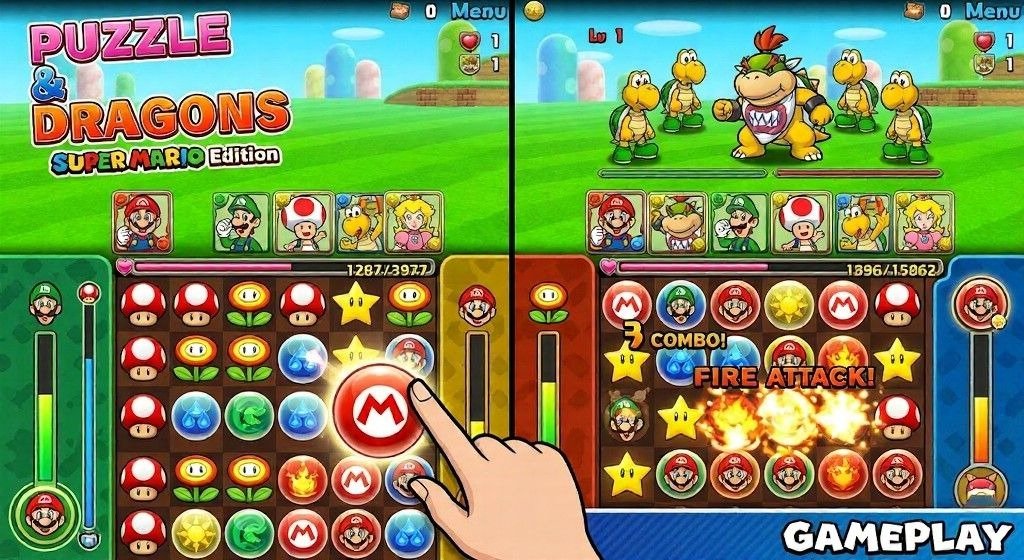 Split gameplay image showing Puzzle & Dragons: Super Mario Edition puzzle battles.
Players match Mario-themed orbs to attack enemies and build combos.