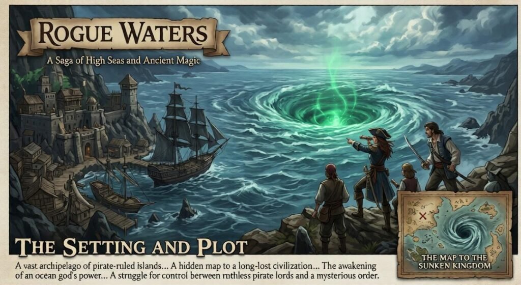Illustrated Rogue Waters story graphic showing a pirate harbor, a ship near a glowing green whirlpool, and Captain Cutter with crew overlooking the sea while a map of the Sunken Kingdom appears in the corner.