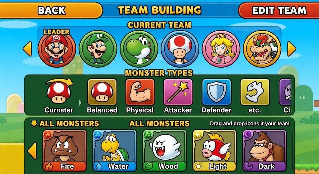 Team-building menu from Puzzle & Dragons: Super Mario Edition on 3DS.
Mario, Luigi, Peach, Yoshi, and Bowser appear with monster types.
