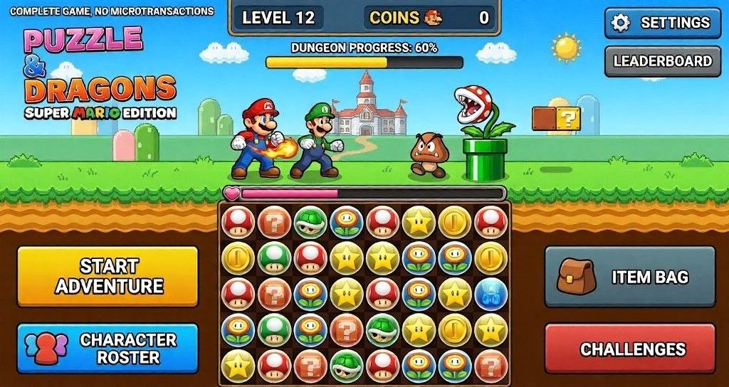 Menu screen from Puzzle & Dragons: Super Mario Edition emphasizes full access.
Mario-themed puzzle adventure shows no microtransactions, stamina limits, or premium systems.