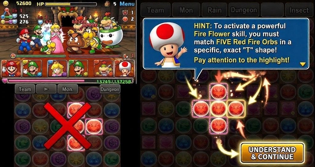 Tutorial screen explains orb-matching patterns and battle mechanics in early gameplay.
Toad gives guidance while highlighted fire orbs show a required shape.