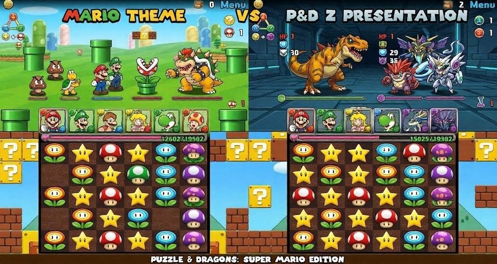 Side-by-side comparison of Mario theme and P&D Z presentation styles.
Bright Mario visuals contrast with darker fantasy monsters on matching boards.