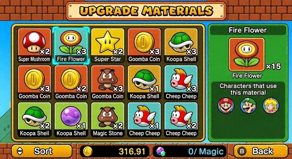Upgrade materials menu shows collectible items needed for character growth.
Fire Flowers, shells, coins, and stars are sorted in inventory.