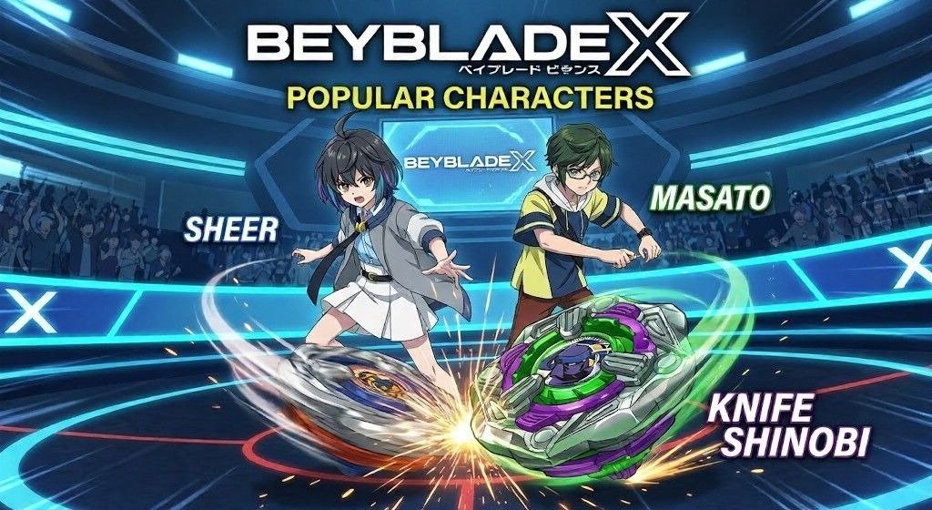 Beyblade X character poster featuring Sheer, Masato, and Knife Shinobi.
Two tops clash in a neon arena beneath bold character labels.