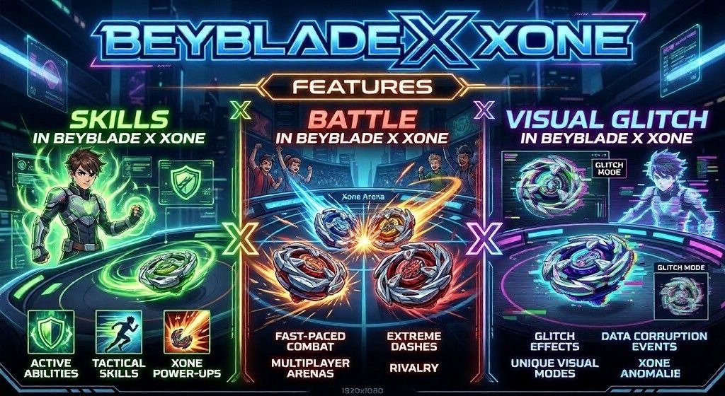 Feature graphic for Beyblade X Xone showing skills, battles, and glitches.
Three neon panels highlight abilities, combat modes, and visual issues.