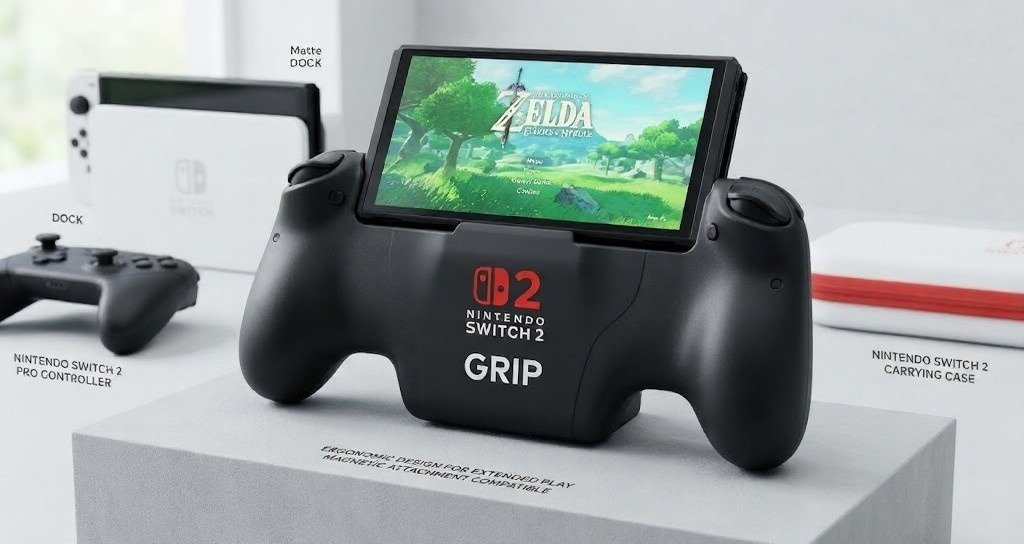 Nintendo Switch 2 seated in a large black handheld grip.
Grip is designed to improve comfort during longer gaming sessions.