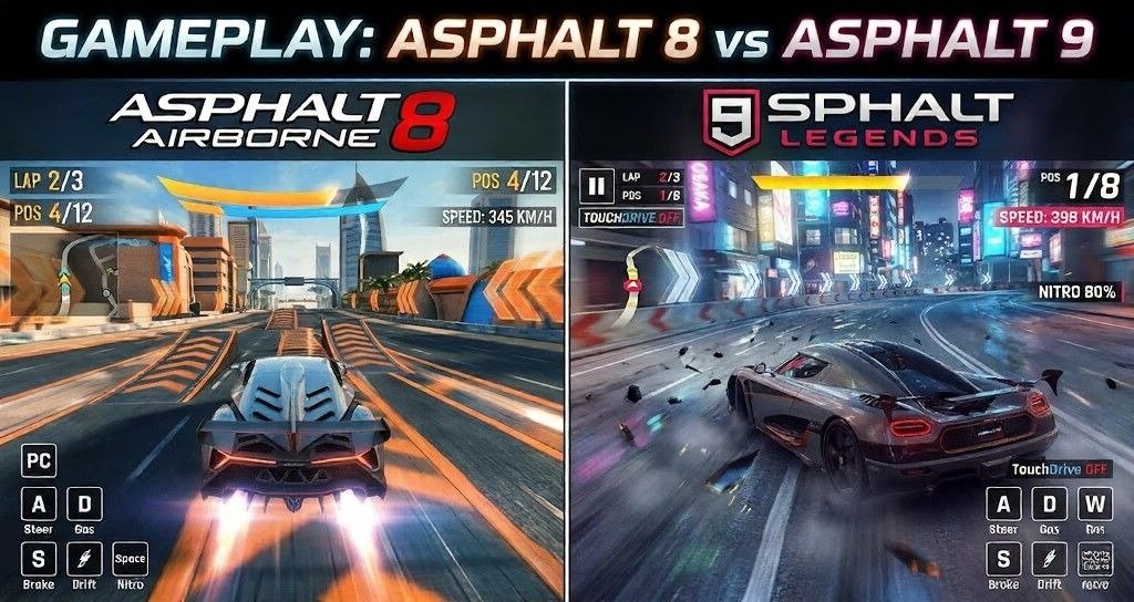 Side-by-side gameplay comparison image of Asphalt 8: Airborne and Asphalt 9: Legends, showing Asphalt 8 with a straight high-speed arcade track and Asphalt 9 with a drifting supercar on a neon-lit city course, under the heading “Gameplay: Asphalt 8 vs Asphalt 9.”