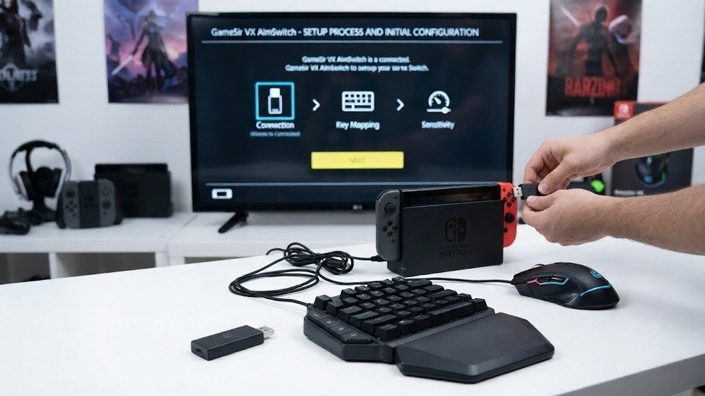 GameSir VX AimSwitch setup with keyboard and mouse on console dock.
User connects controller while configuration screen displays on TV.