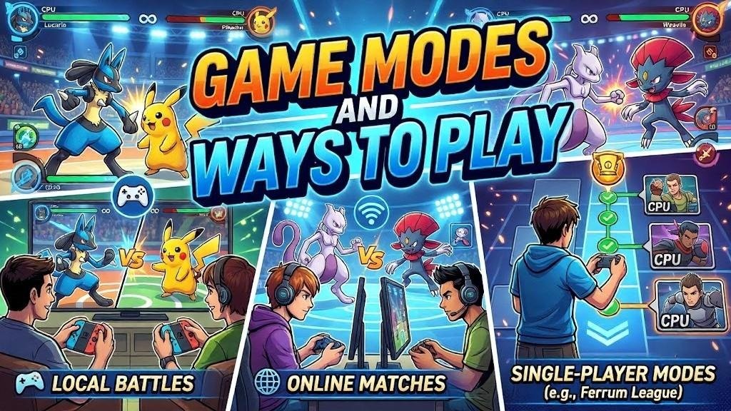 Infographic showcasing Pokkén Tournament DX game modes and play options.
Features local battles, online matches, and single-player progression modes.