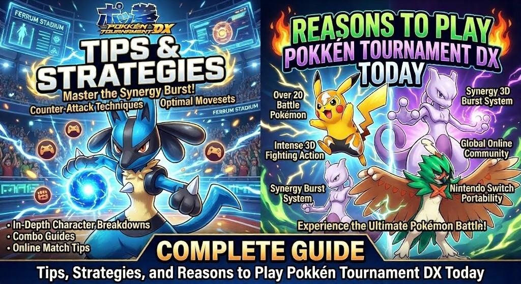 Infographic featuring Pokkén Tournament DX tips, strategies, and gameplay highlights.
Showcases Lucario, Pikachu, Mewtwo, and reasons to keep playing.