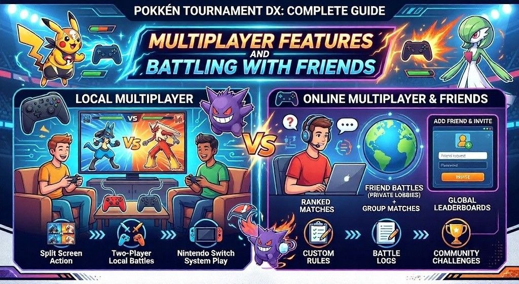 Infographic highlighting Pokkén Tournament DX multiplayer and online battle features.
Shows local matches, ranked play, friend battles, and leaderboards.