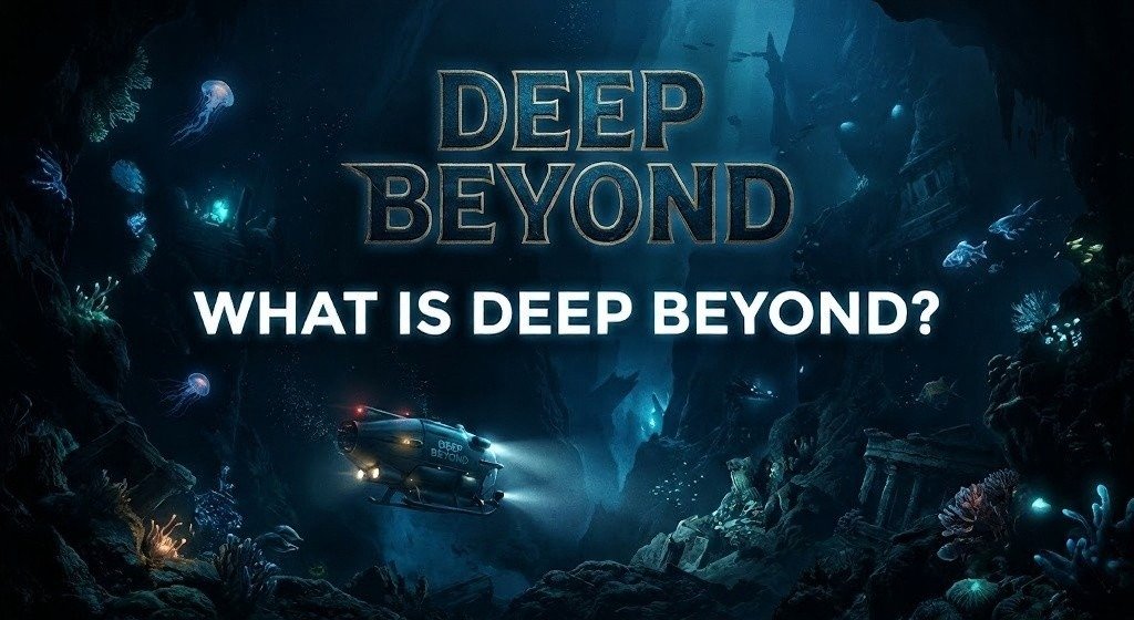 Promotional artwork for Deep Beyond showing a submarine exploring a dark underwater cavern.
The title and "What Is Deep Beyond?" appear above glowing marine life and ruins.