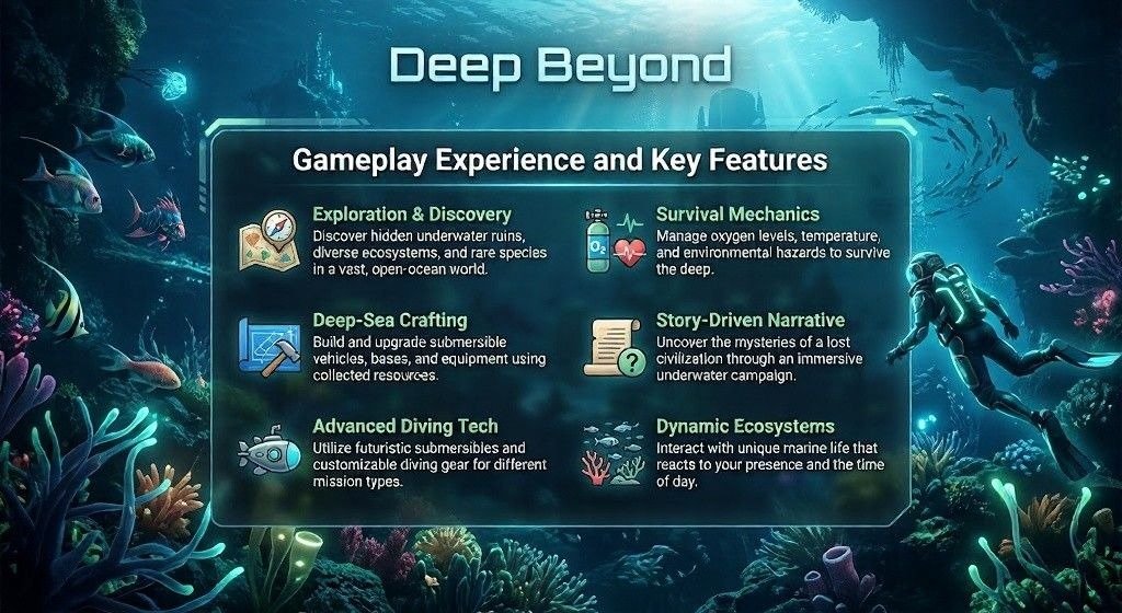 Infographic showcasing Deep Beyond gameplay features over a vibrant underwater exploration scene.
Icons highlight exploration, crafting, survival, narrative, diving technology, and dynamic ecosystems.