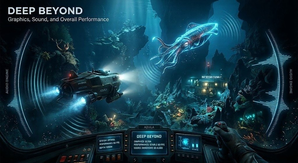 Promotional artwork shows a submarine exploring an underwater cavern beneath a giant squid.
The Deep Beyond interface highlights graphics, sound, and overall performance features.