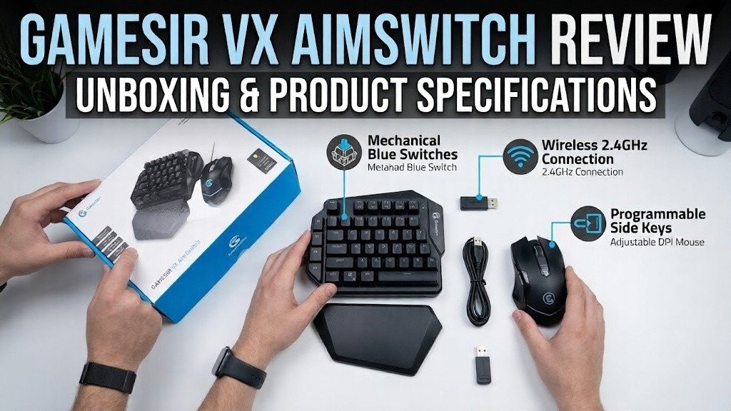 GameSir VX AimSwitch unboxing showing keypad, mouse, and accessories.
Feature callouts highlight wireless connectivity and programmable gaming controls.