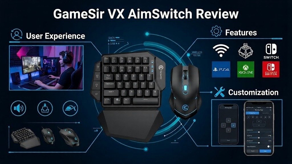 GameSir VX AimSwitch review graphic showcasing customization and wireless features.
Keypad, mouse, app controls, and console compatibility are highlighted.