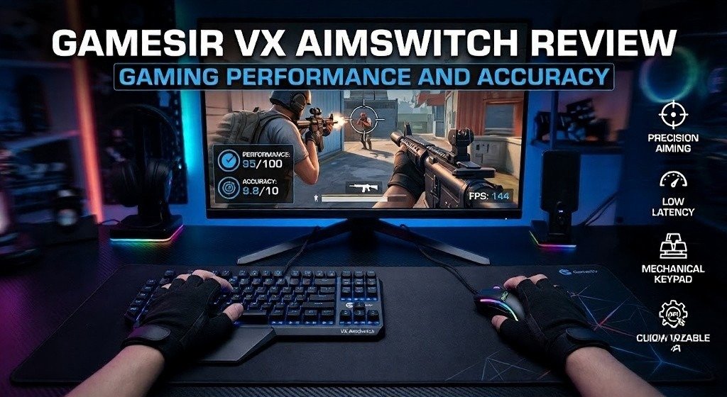 GameSir VX AimSwitch keyboard and mouse gaming adapter review graphic.
Features, customization options, and gaming performance highlights are displayed.