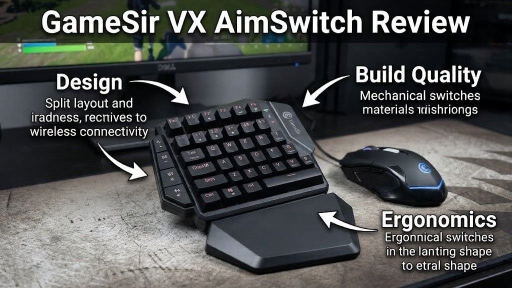 GameSir VX AimSwitch keypad and mouse displayed on gaming desk.
Callouts highlight design, build quality, and ergonomic wrist rest.