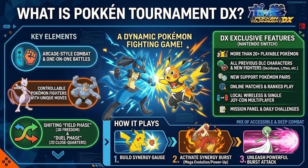 Infographic explaining Pokkén Tournament DX gameplay and Nintendo Switch features.
Shows Pokémon battles, combat phases, Synergy Burst mechanics, and multiplayer.