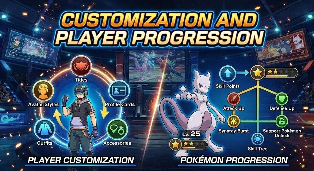 Infographic explaining trainer customization and Pokémon progression systems.
Features avatar options, unlockables, skill points, and progression paths.