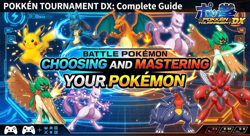 Promotional graphic about choosing and mastering Pokémon fighters in battle.
Features Pikachu, Lucario, Charizard, Mewtwo, Decidueye, and other Pokémon.