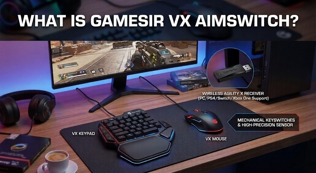 GameSir VX AimSwitch setup with keypad, mouse, and receiver.
Gaming monitor displays FPS gameplay on a desktop gaming station.
