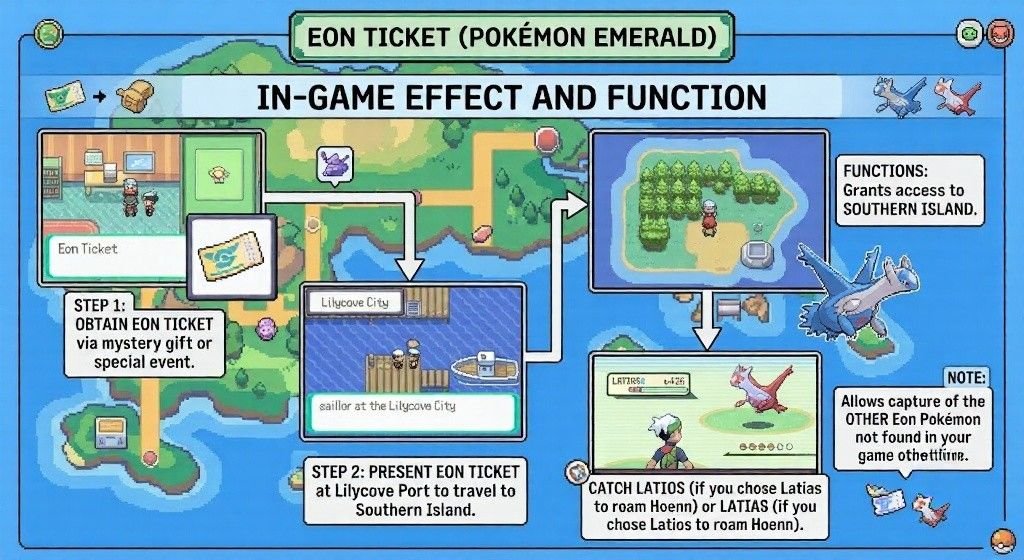 Infographic illustrating the Eon Ticket's in-game function, from obtaining the item to reaching Southern Island.
Shows Lilycove Port travel, Legendary encounters, and the ticket's exclusive gameplay purpose.