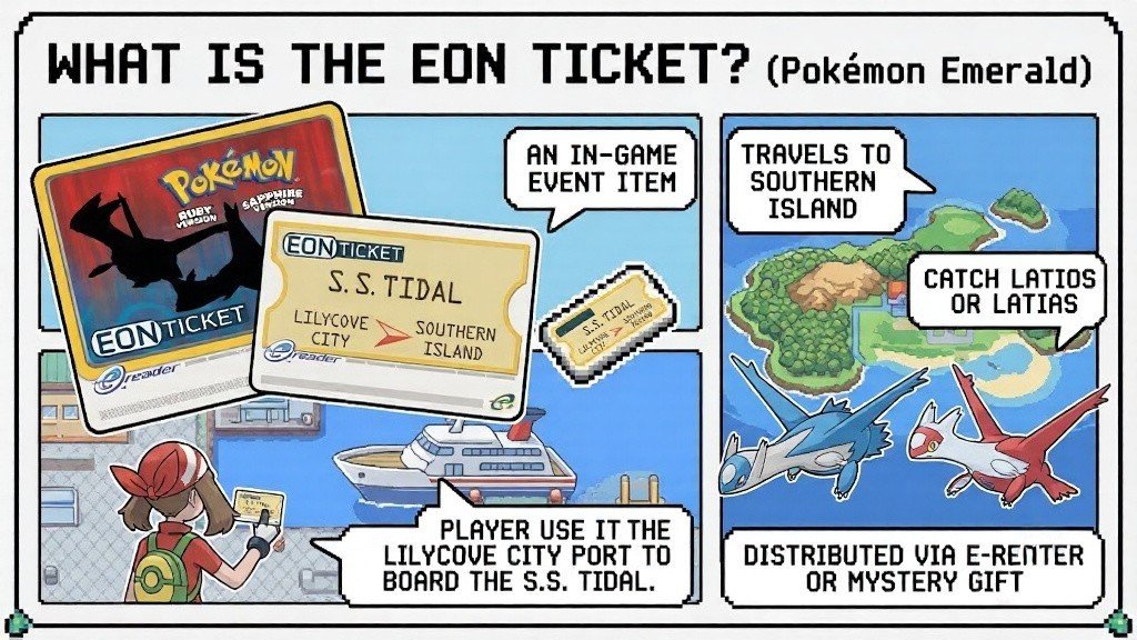 Infographic explaining the Pokémon Emerald Eon Ticket, its event-only distribution, and Southern Island access.
Shows the Eon Ticket, e-Reader card, S.S. Tidal, Latias, and Latios with gameplay highlights.
