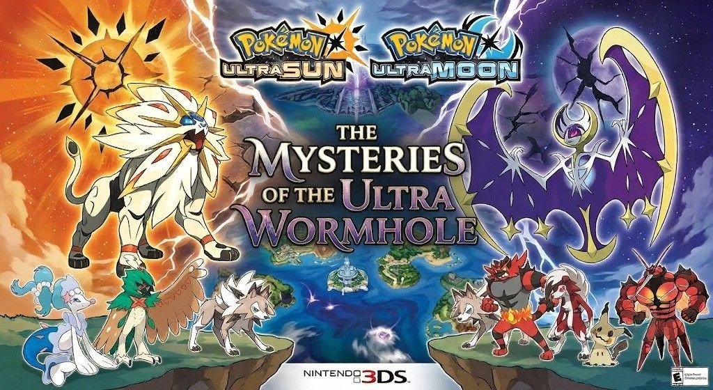 Promotional artwork highlighting the mysteries of the Ultra Wormhole in Alola.
Solgaleo, Lunala, Ultra Beasts, and the glowing dimensional portal dominate the scene.