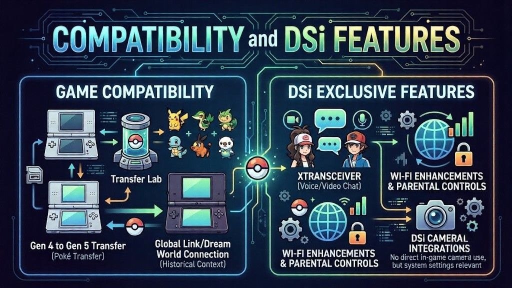 Infographic showing Poké Transfer between DS consoles and DSi-exclusive features