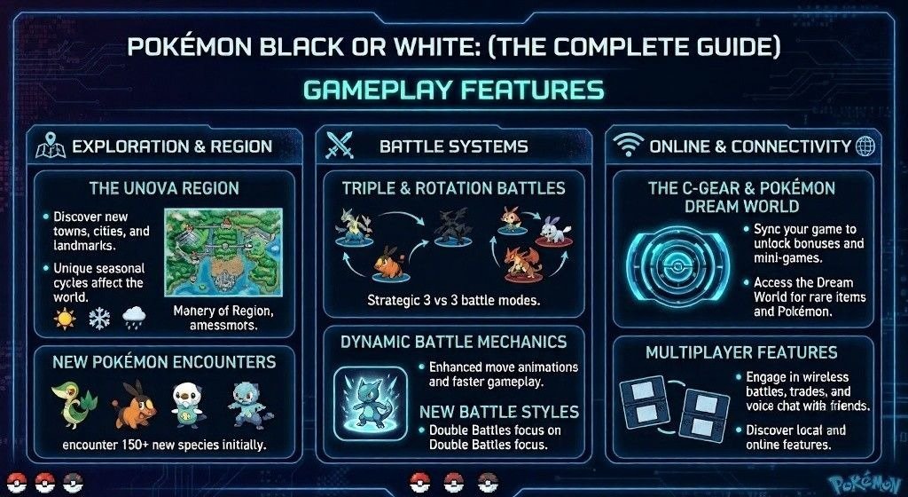 Infographic on Unova exploration, Triple and Rotation Battles, and C-Gear connectivity