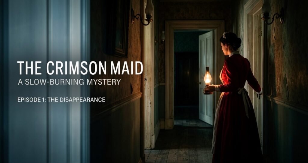 A woman in a red dress walks a dim hallway holding a lantern, "Episode 1: The Disappearance" title.