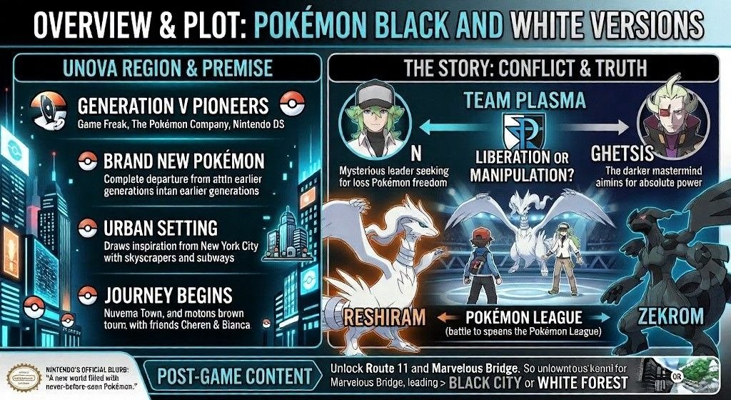 Infographic on Unova's setting and the Team Plasma conflict with N and Ghetsis