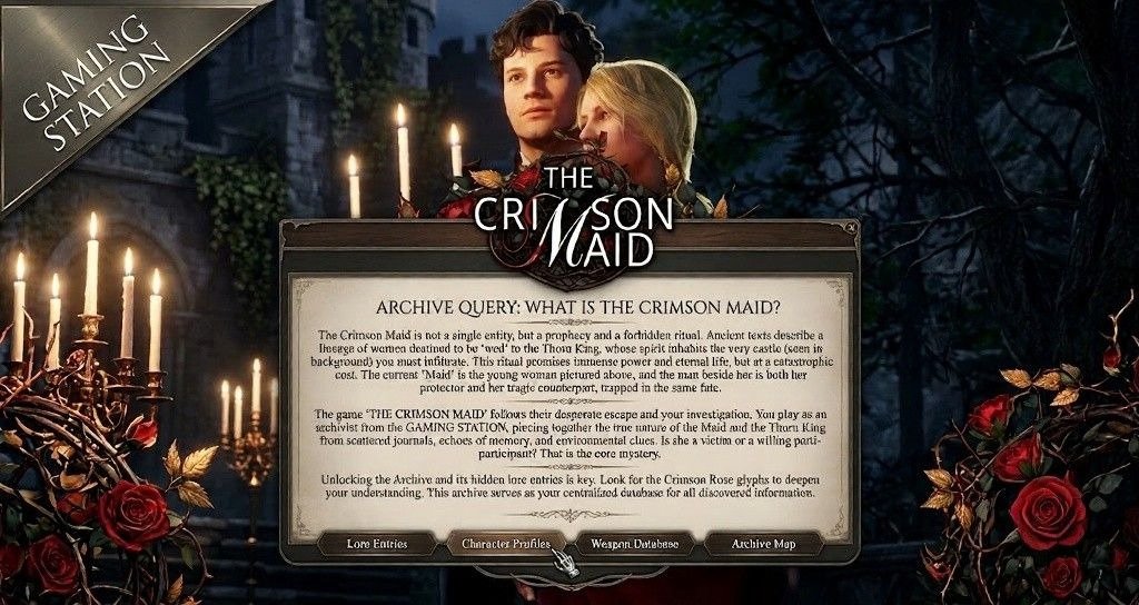 In-game archive screen explaining The Crimson Maid's lore, prophecy, and forbidden ritual.