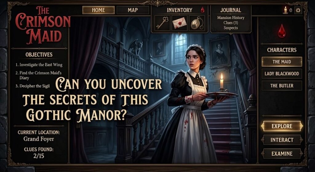 In-game HUD showing the maid on a blood-stained staircase with objectives and inventory panels.
