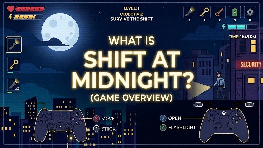 Game overview graphic for Shift At Midnight showing HUD elements, a security guard, and controller icons.