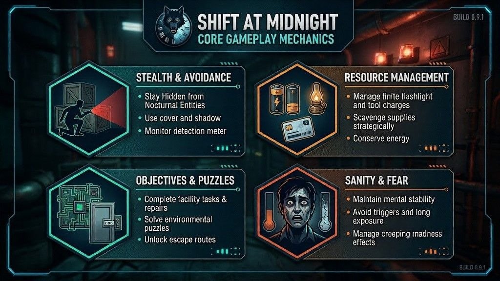 Infographic outlining Shift At Midnight's core mechanics: stealth, resource management, puzzles, and sanity.