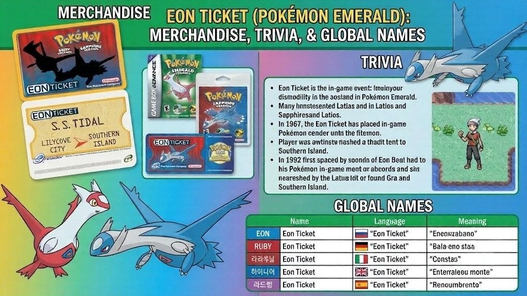 Infographic covering Eon Ticket merchandise, trivia, and translated names across different regions.
Features collectible items, Latias and Latios artwork, and a table of global names.