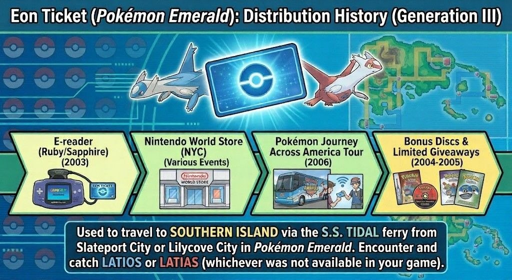 Infographic summarizing the Generation III Eon Ticket distribution history across promotional events and giveaways.
Highlights e-Reader cards, Nintendo events, Southern Island access, and Latias or Latios encounters.